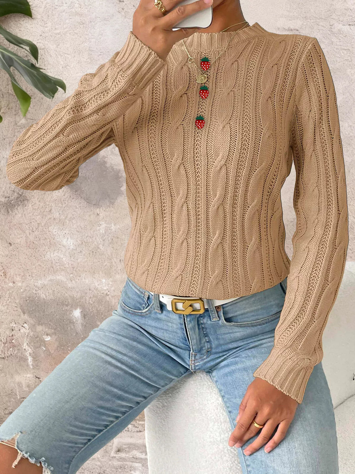 Strawberry Embellished Cable Knit Round Neck Sweater in Khaki