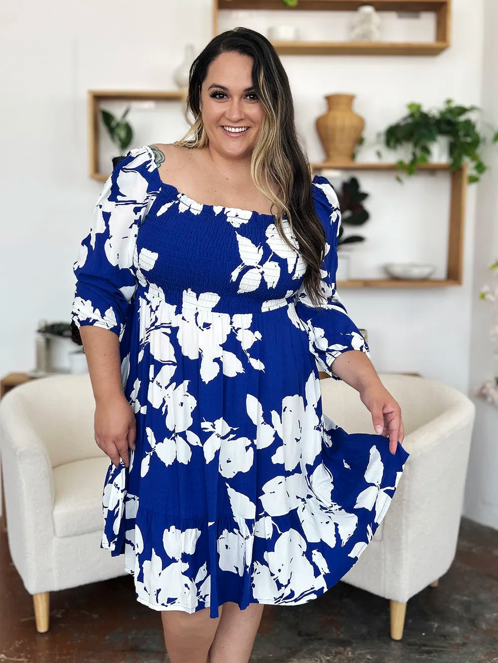 Double Take Full Size Floral Ruffle Hem Smocked Dress with Pockets - Lilixa.store