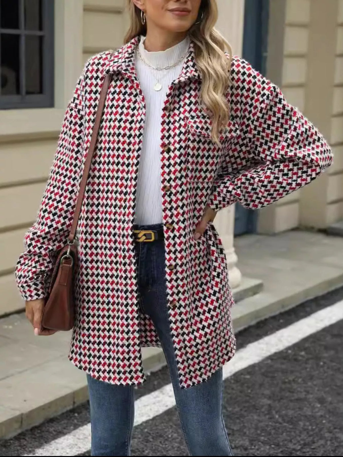 Houndstooth Button Up Long Sleeve Coat, view 6