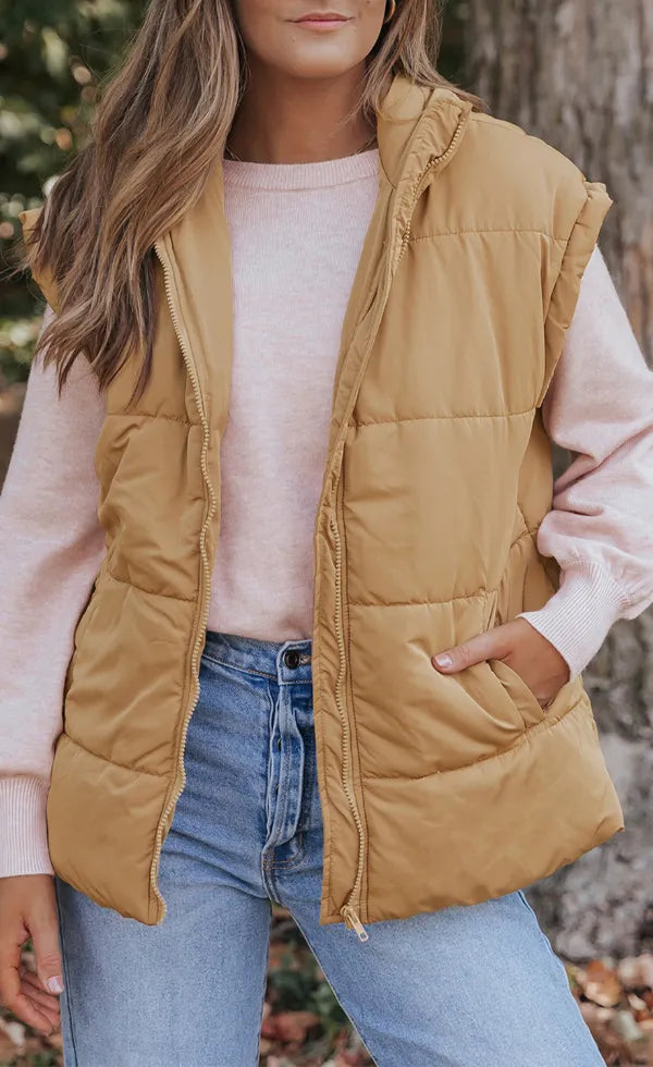 Zip Up Vest Coat with Pockets in Tan