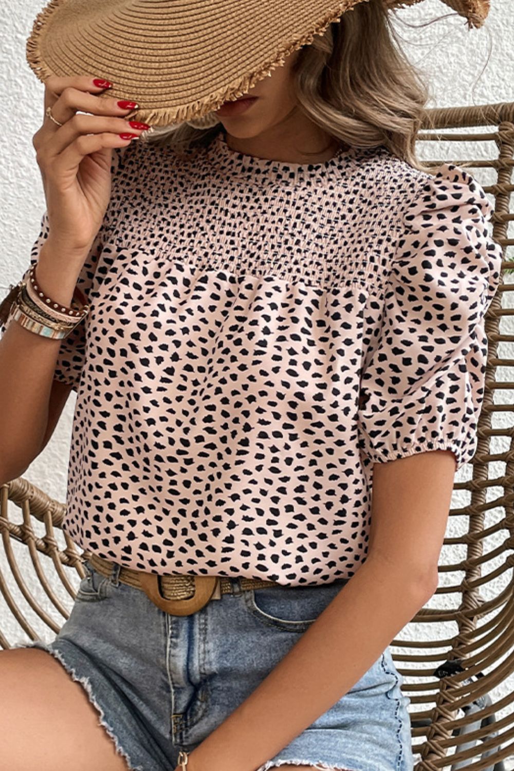 Perfee Printed Smocked Puff Sleeve Blouse in Apricot, view 5