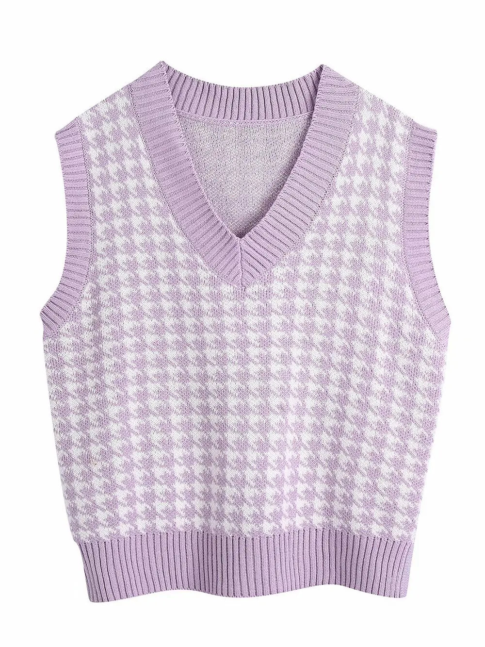 Houndstooth V-Neck Sweater Vest in Lavender
