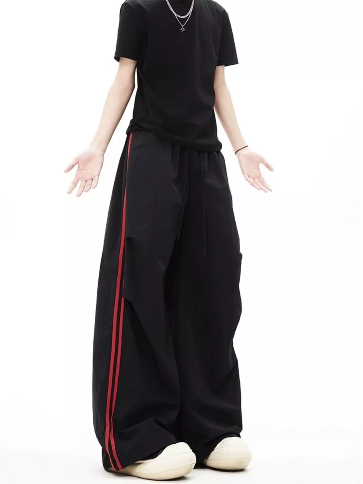 Men's Wide-Leg Pants with Side Stripes in Black, view 3