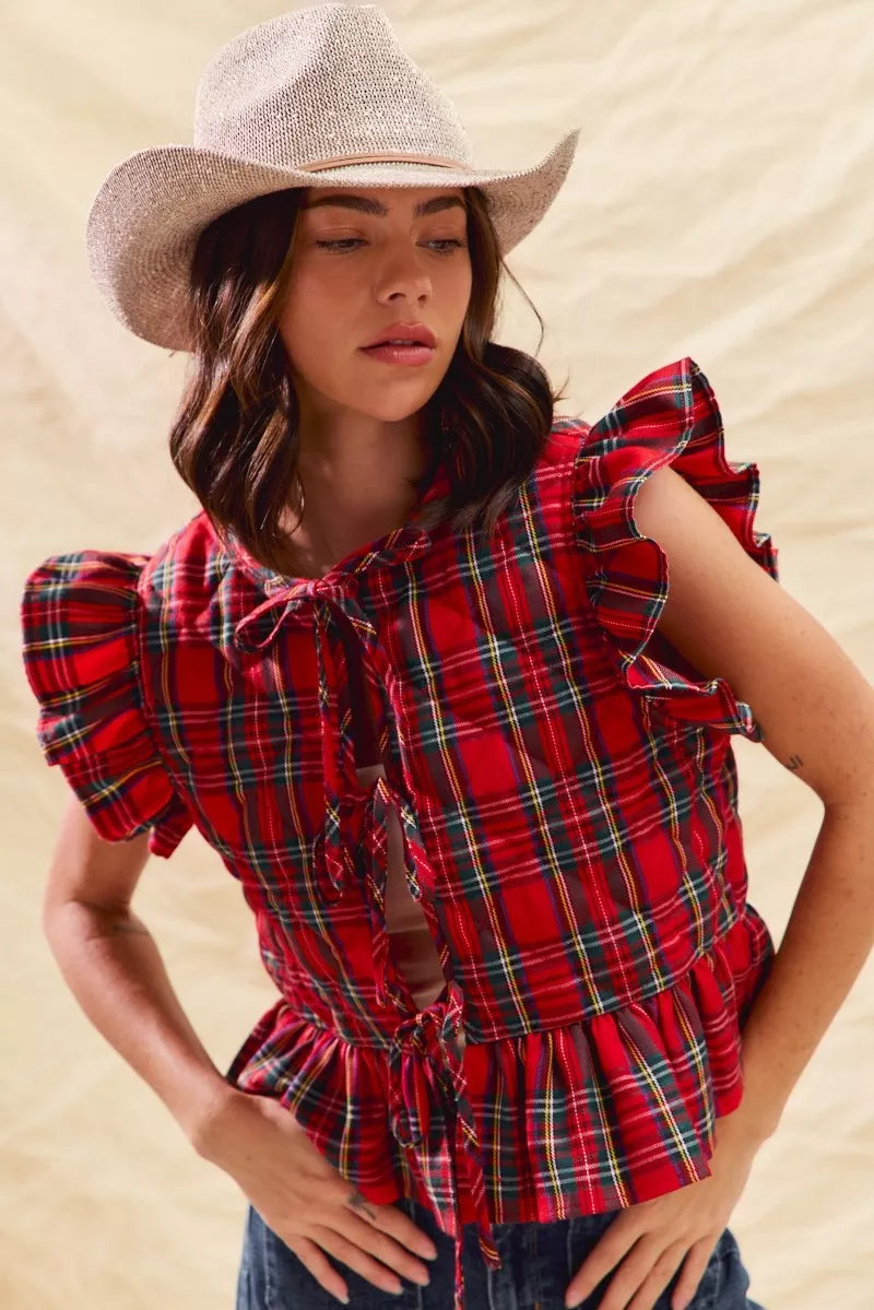 SO ME Christmas Holiday Plaid Ruffled Quilt Vest Top - Lilixa.store