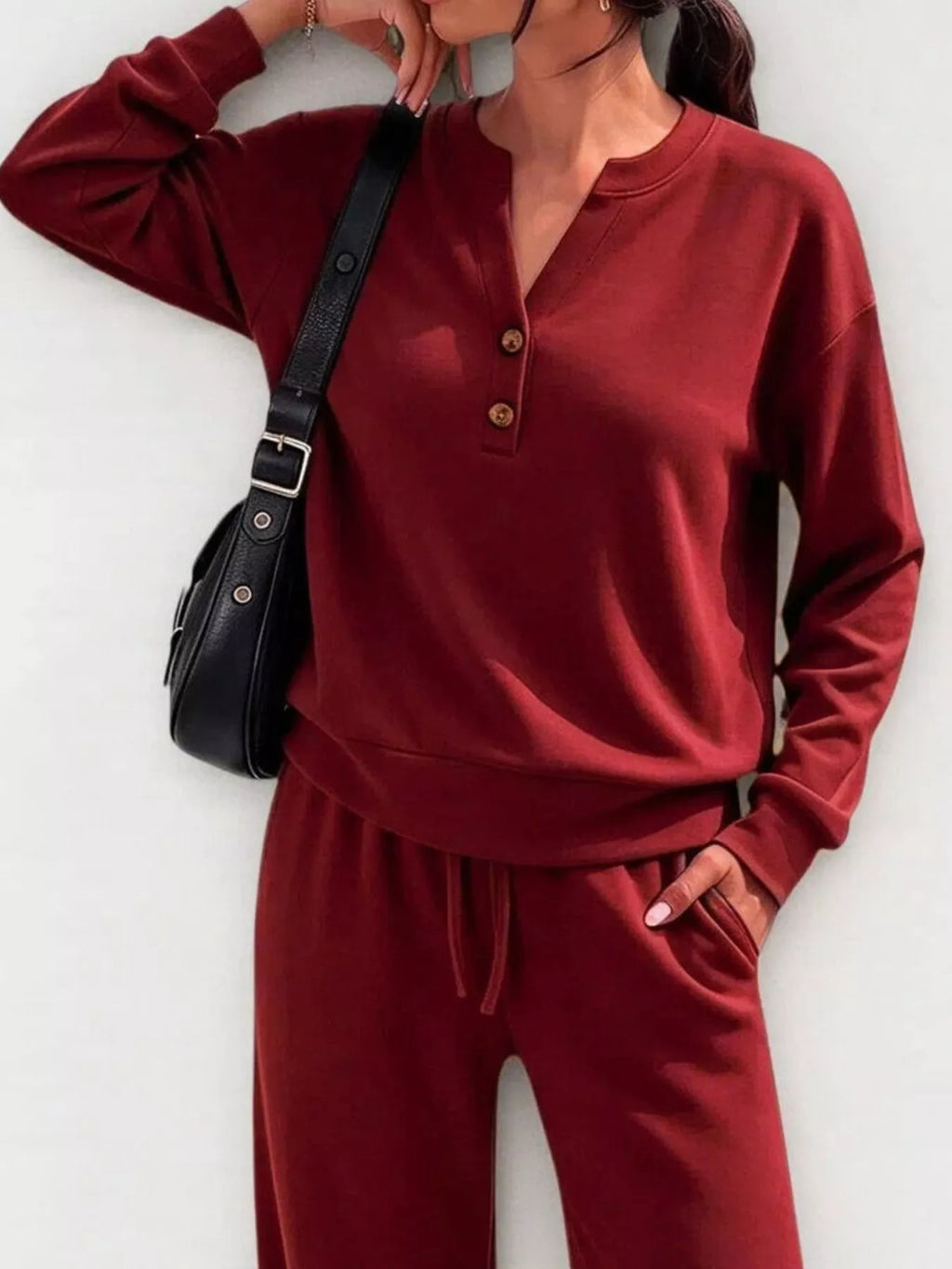 Button Detail Dropped Shoulder Top and Pants Set - Lilixa.store