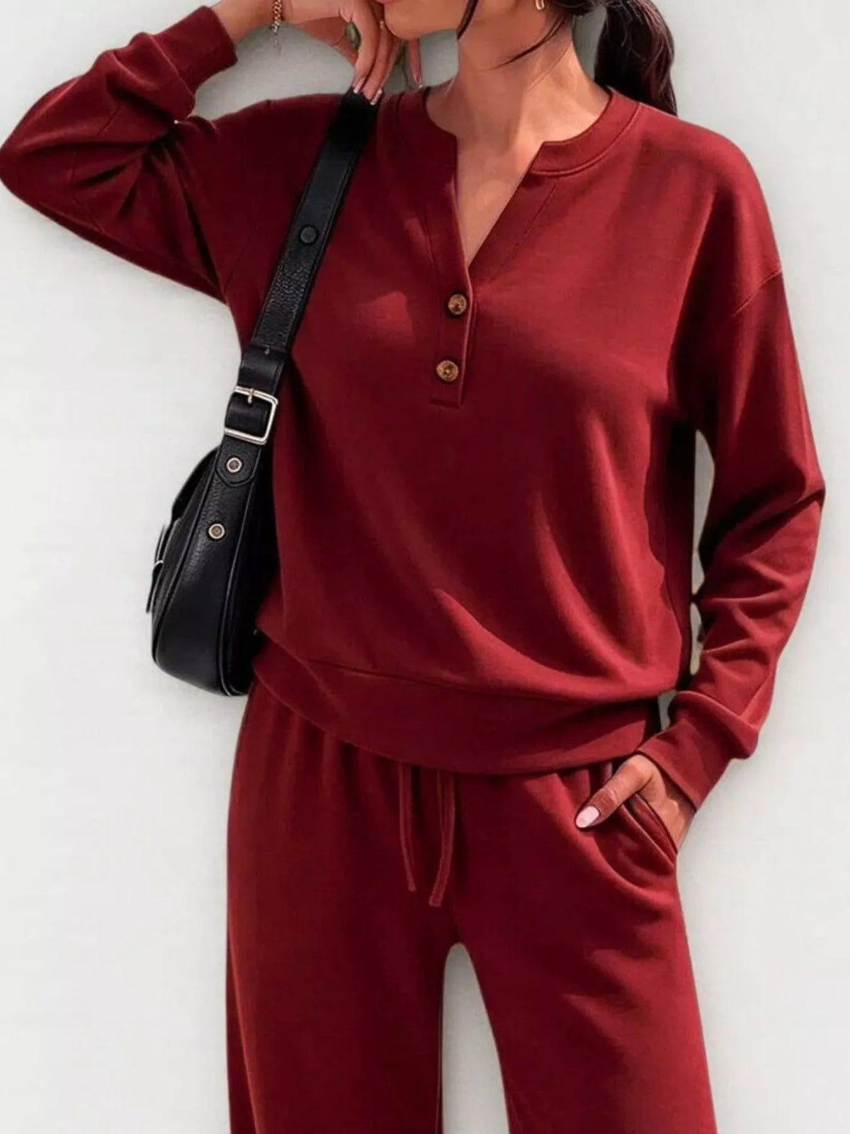 Button Detail Dropped Shoulder Top and Pants Set - Lilixa.store