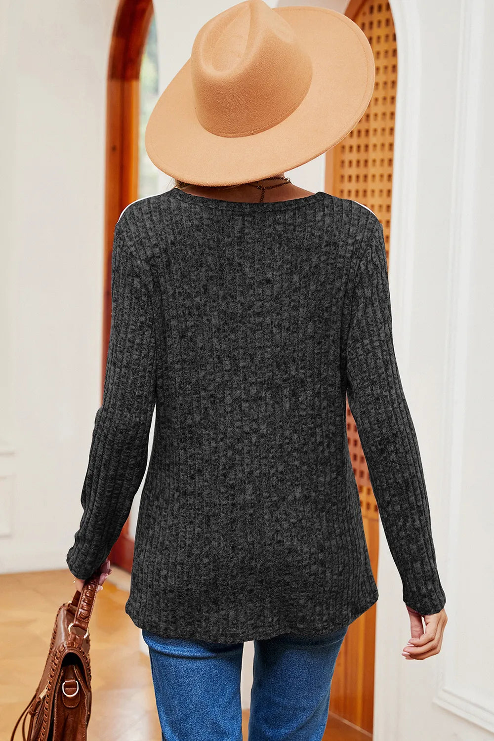 Eyelet Ribbed Round Neck Long Sleeve T-Shirt - Lilixa.store
