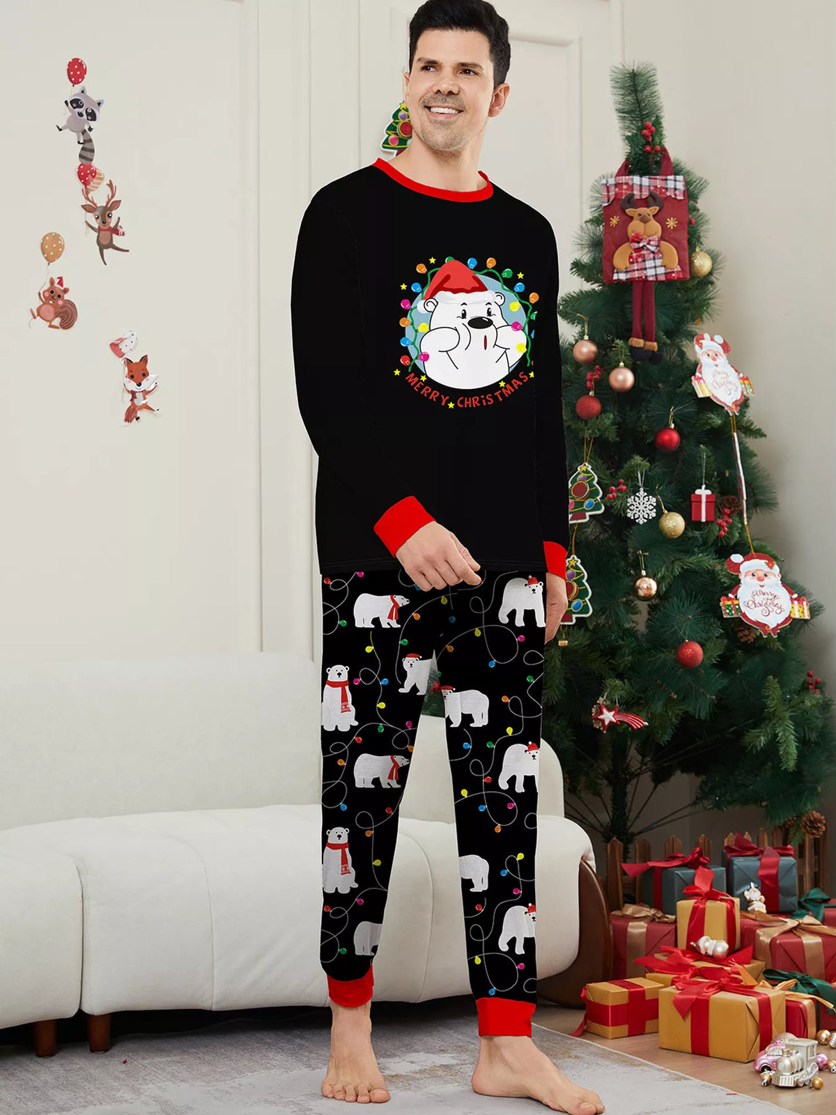 Full Size Family Matching Christmas Pajamas Set with Polar Bear Print Plus Size