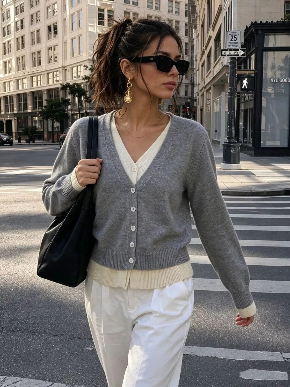 V-Neck Button-Down Contrast Layered Cardigan, view 3
