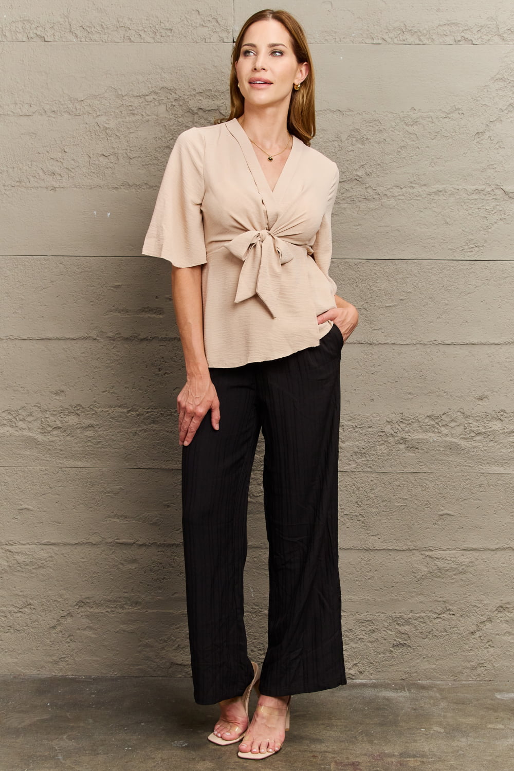 Perfee V-Neck Tie Front Half Sleeve Blouse in Light Apricot, view 4