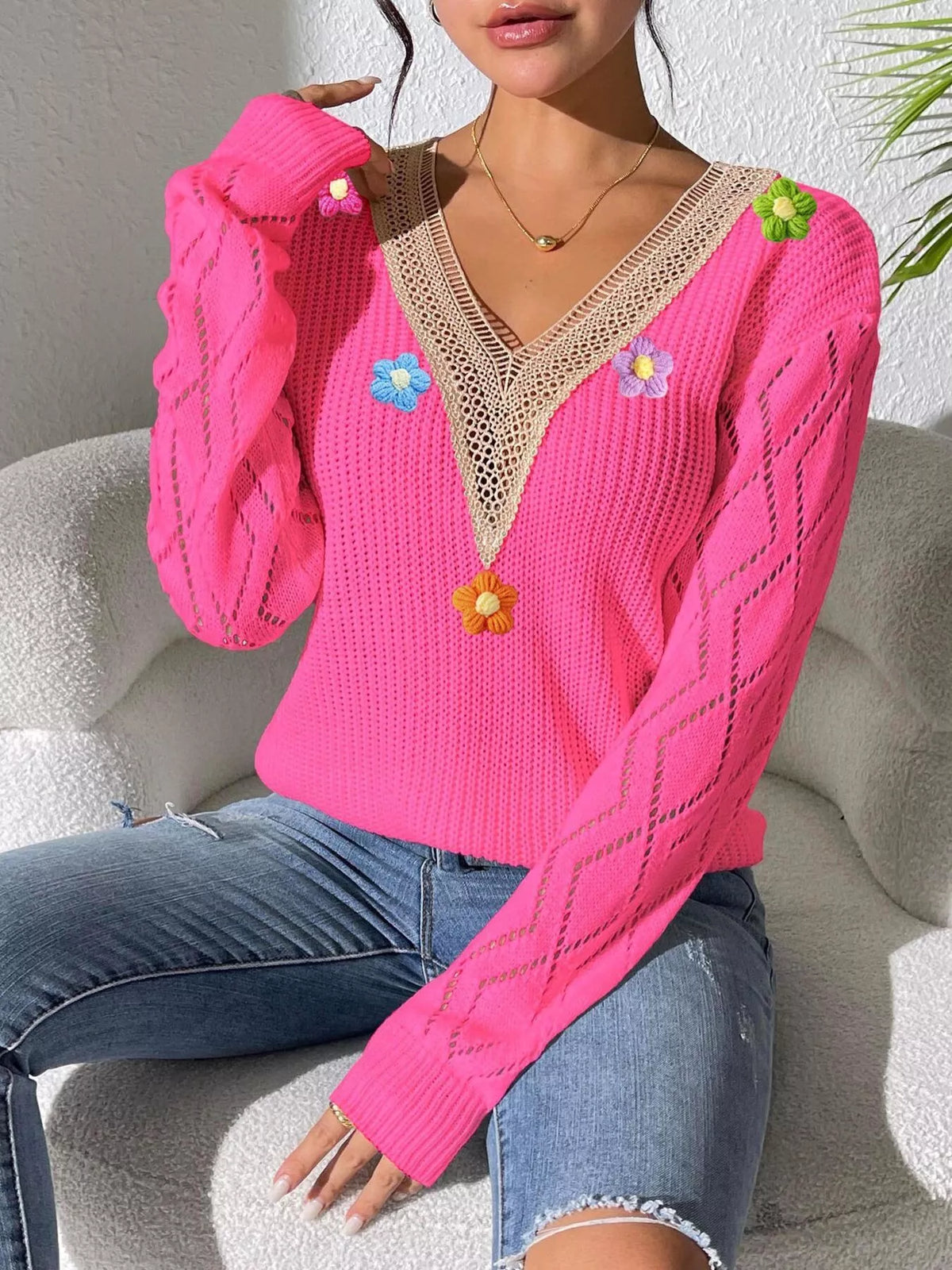 Floral Applique V-Neck Openwork Sweater