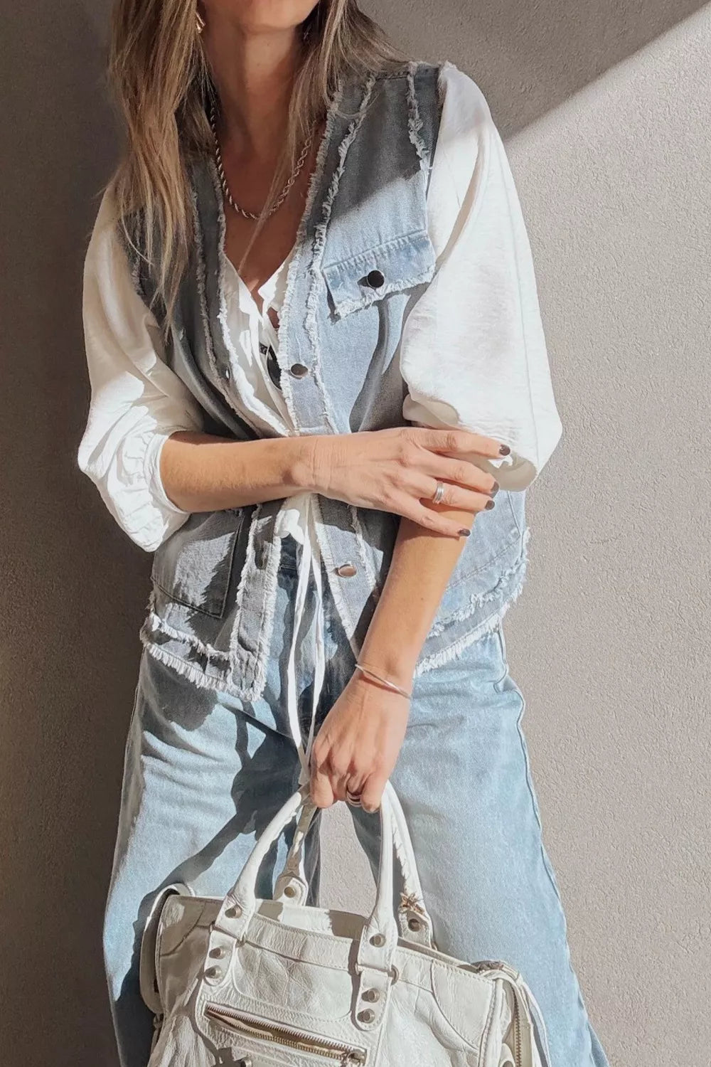 Frayed Edge Flap Pockets Denim Vest Jacket in Light Blue, view 2