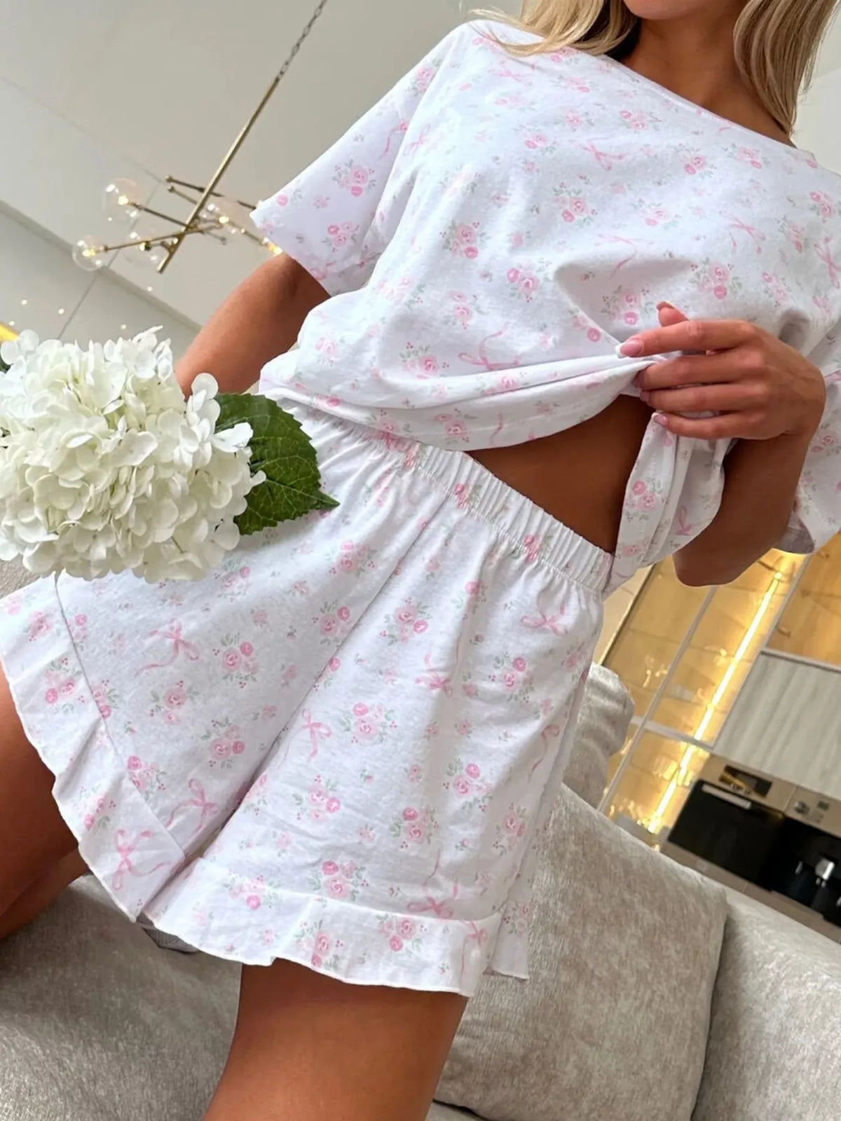 Floral Print Short Sleeve Top and Shorts Lounge Set