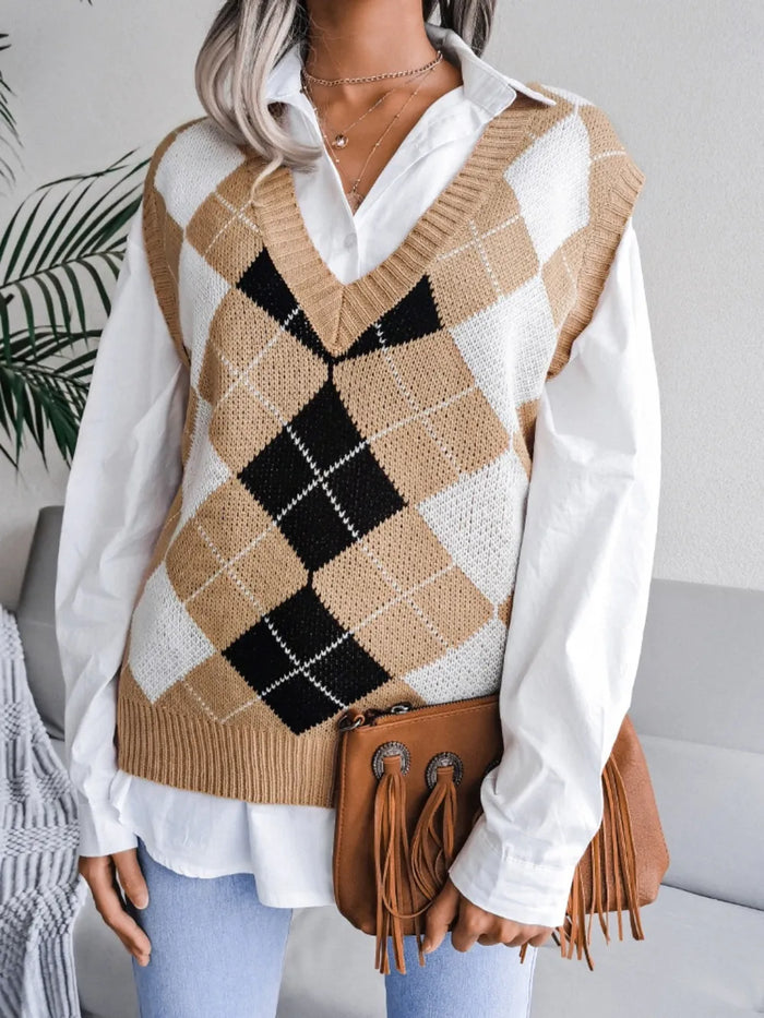 Plaid V-Neck Sweater Vest - Lilixa.store