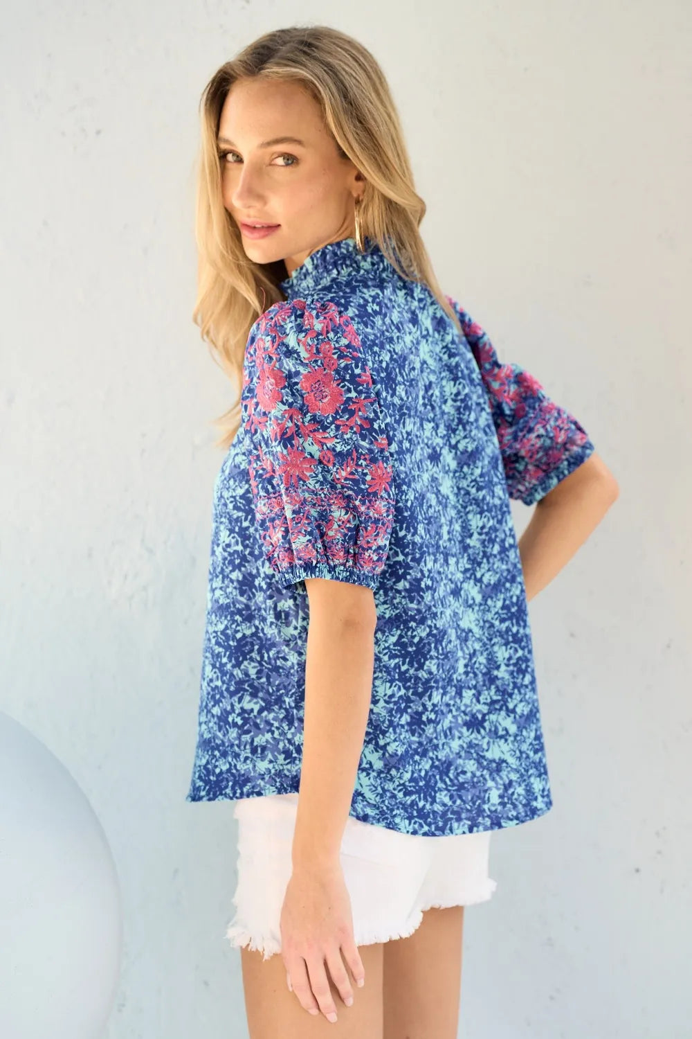 Hailey & Co Embroidered Puff Sleeve Printed Blouse - Lilixa.store
