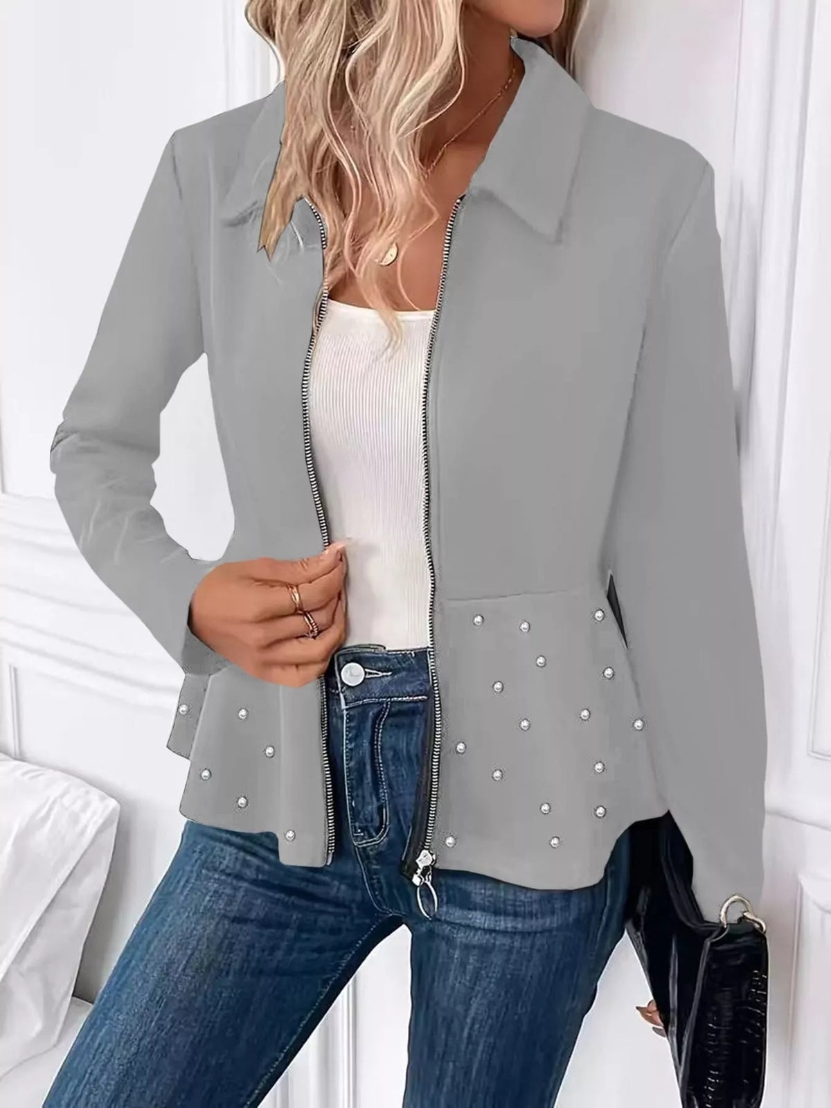 Pearl Embellished Zip-Up Peplum Outerwear, view 6