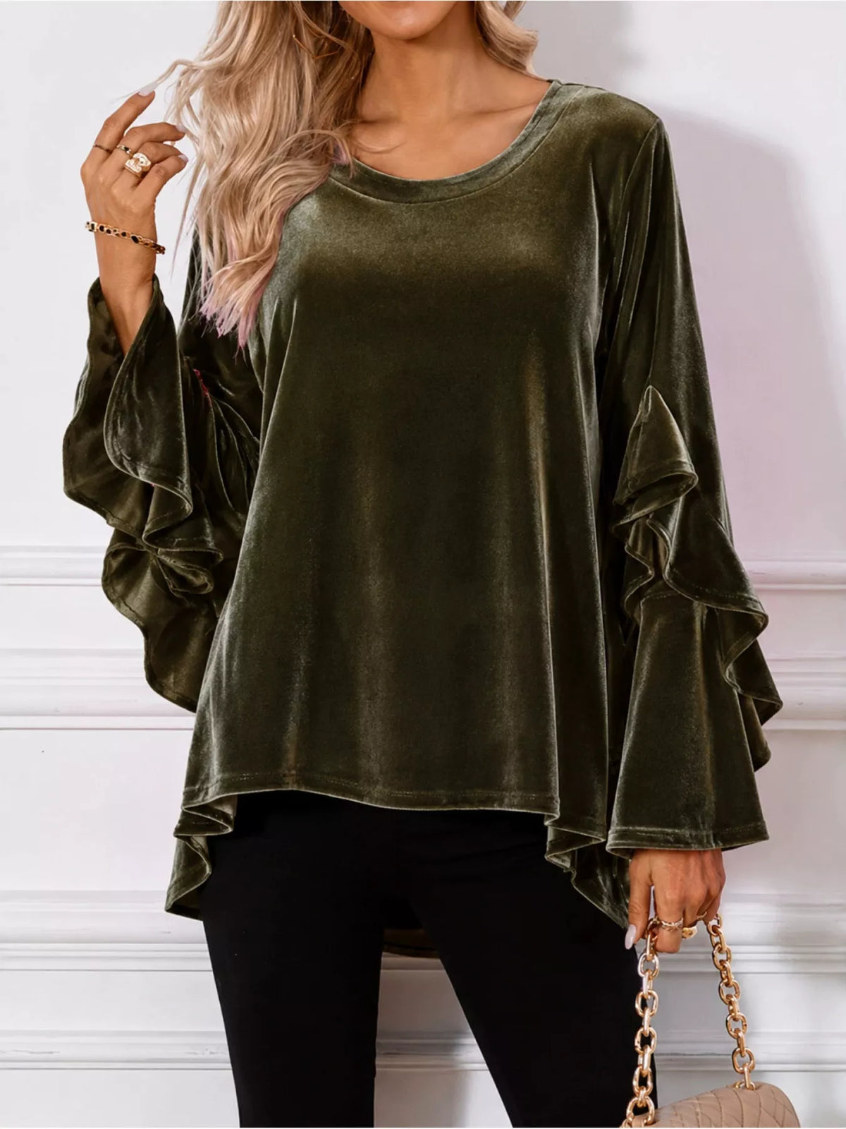 Velvet Round Neck Ruffle Sleeve Top