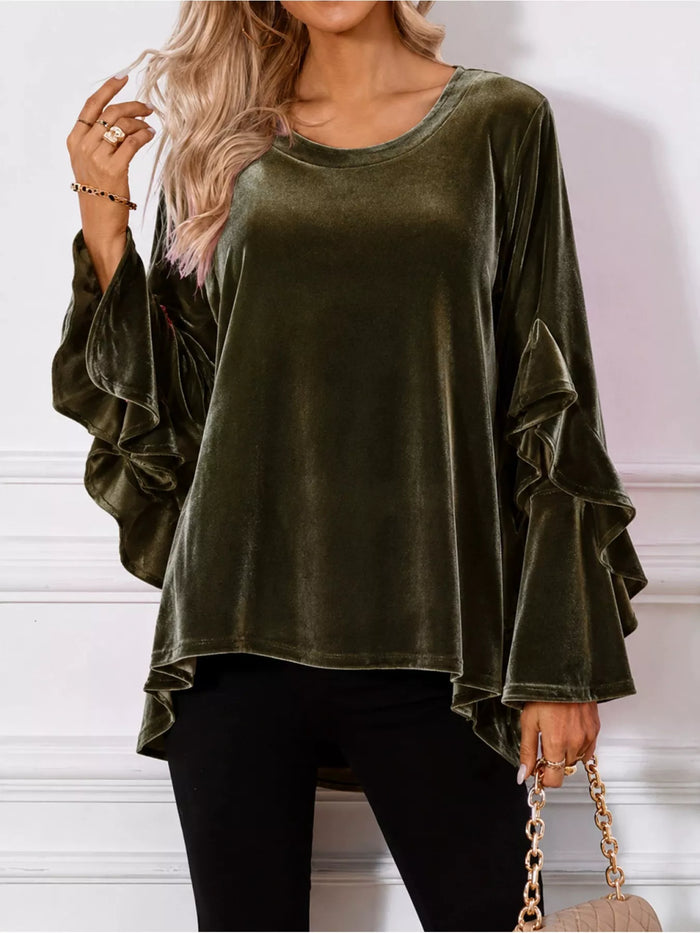 Velvet Round Neck Ruffle Sleeve Top - Lilixa.store