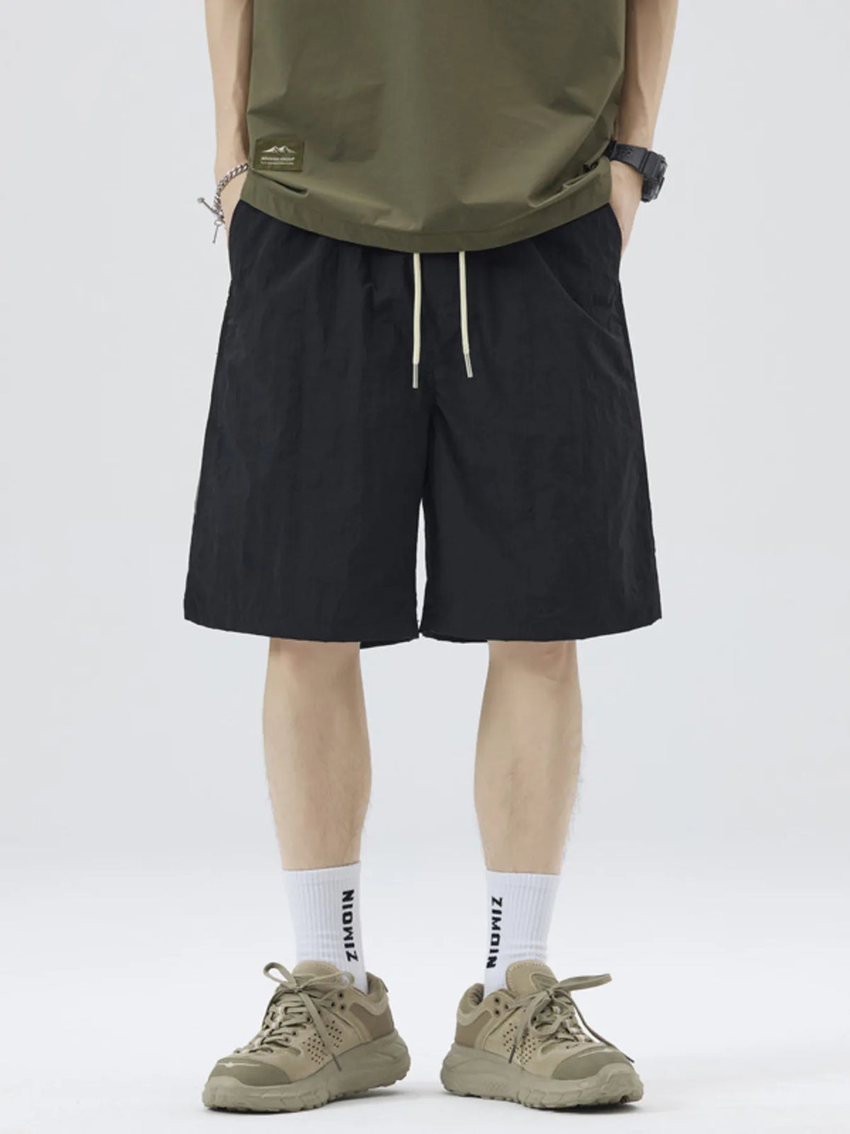 Men's Full Size Casual Loose-Fit Drawstring Shorts with Stripe Detail Plus Size in Black