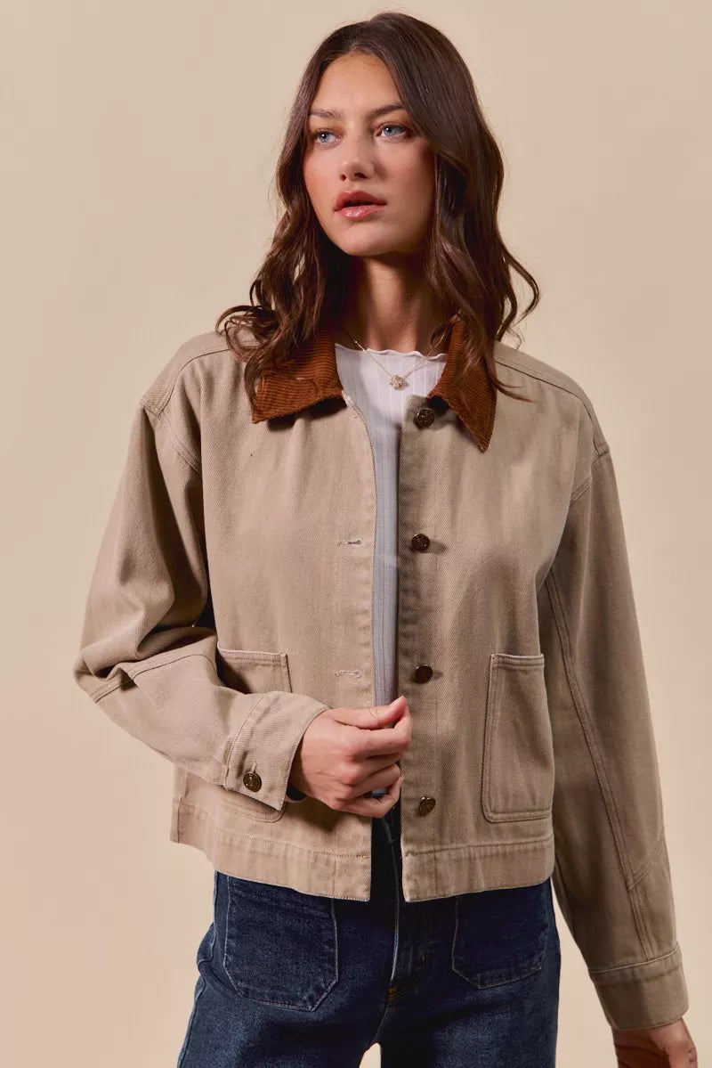 SO ME Cotton Twill Cropped Barn Jacket wtih Collar in Taupe, view 2