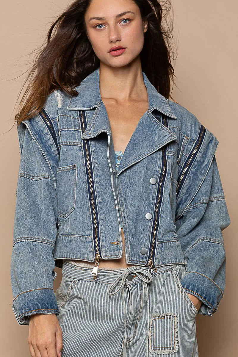 POL Cropped Denim Jacket with Functional Zipper Detail in Dusty Blue