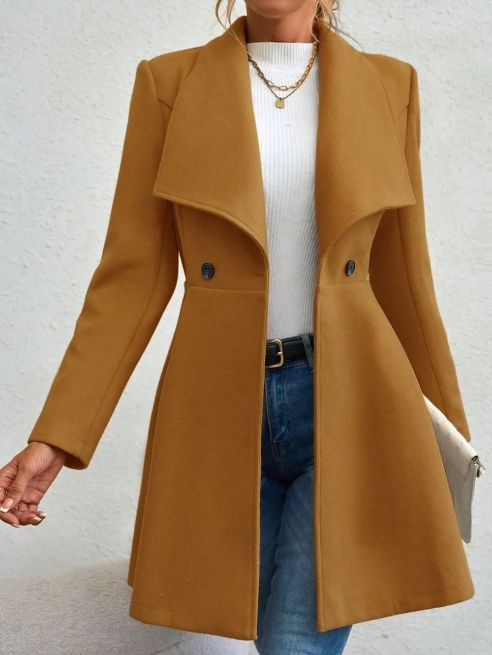Collared Neck Button Up Long Sleeve Coat in Mustard