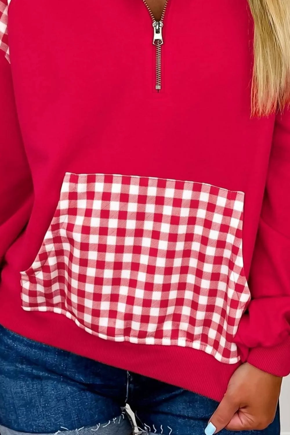 Plaid Kangaroo Pocket Quarter-Zip Sweatshirt - Lilixa.store
