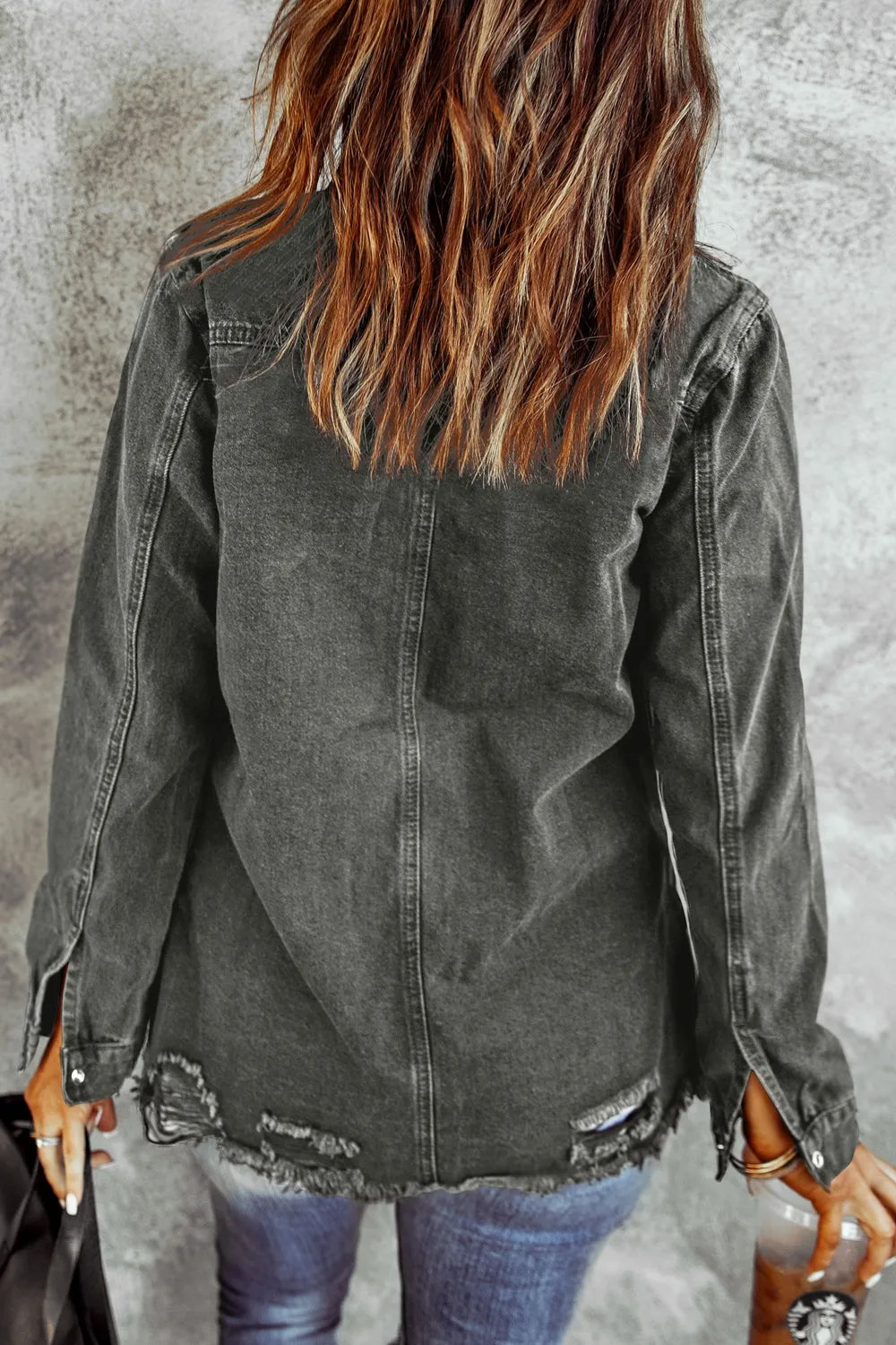 Distressed Raw Hem Snap Down Denim Jacket, view 3