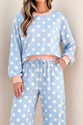 Polka Dot Contrast Trim Long Sleeve Top Drawstring Shift Pants Set - Lilixa.store
