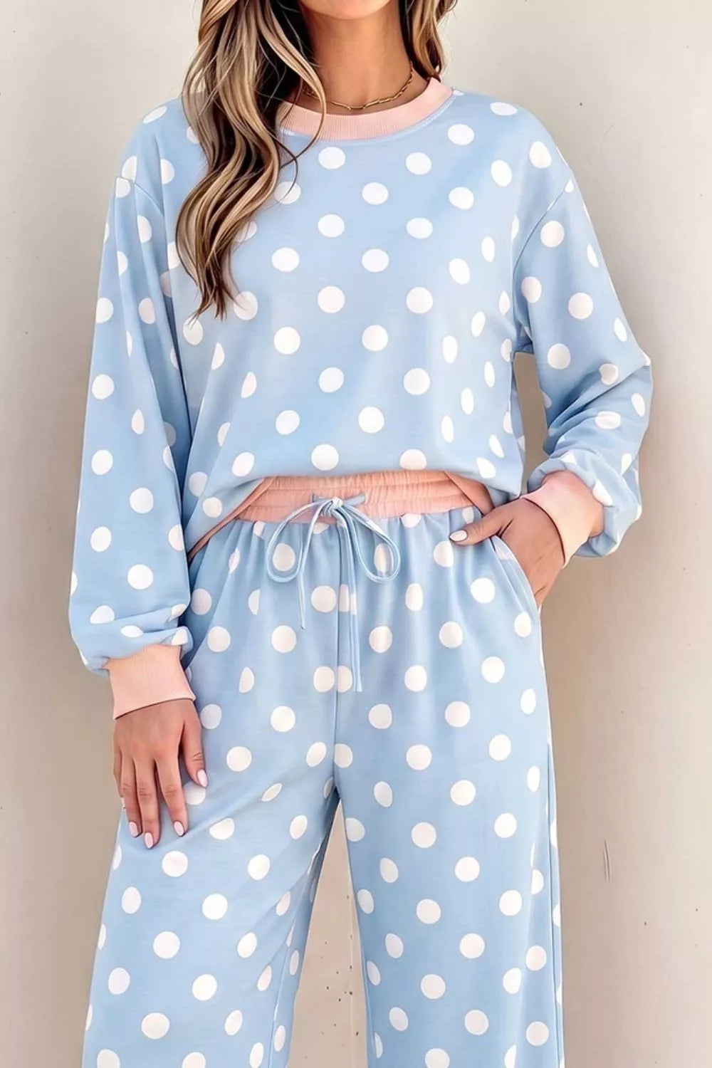 Polka Dot Contrast Trim Long Sleeve Top Drawstring Shift Pants Set - Lilixa.store