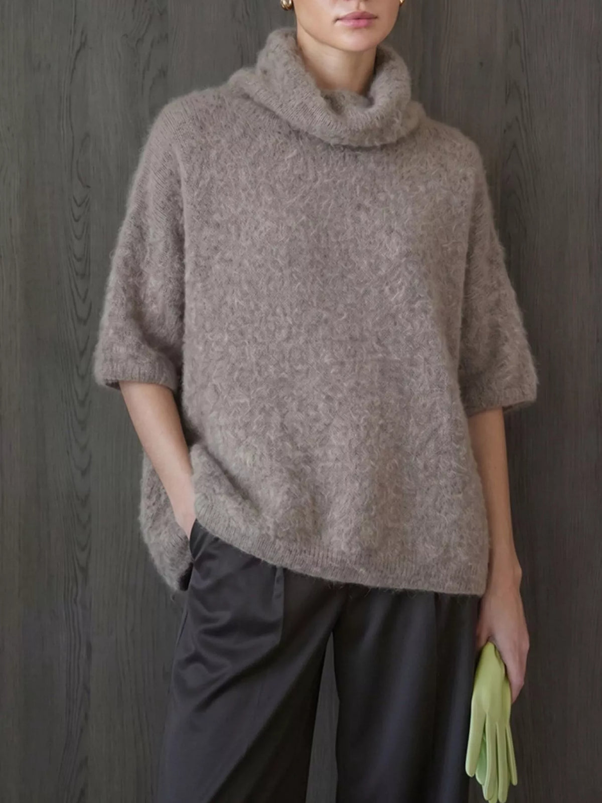 Turtleneck Fuzzy Short Sleeve Sweater, view 8