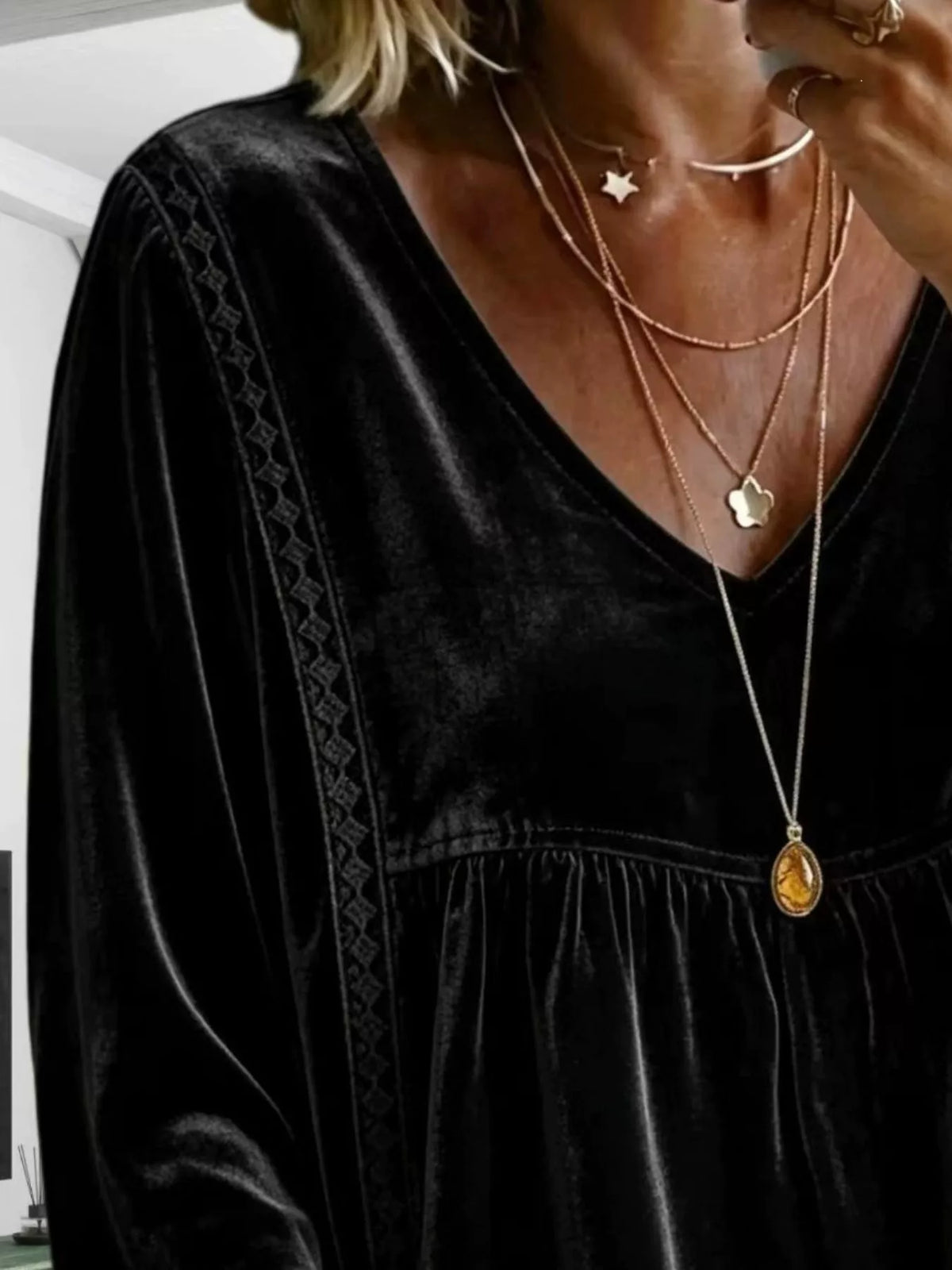 Full Size Velvet Lace Detail V-Neck Blouse Plus Size - Lilixa.store