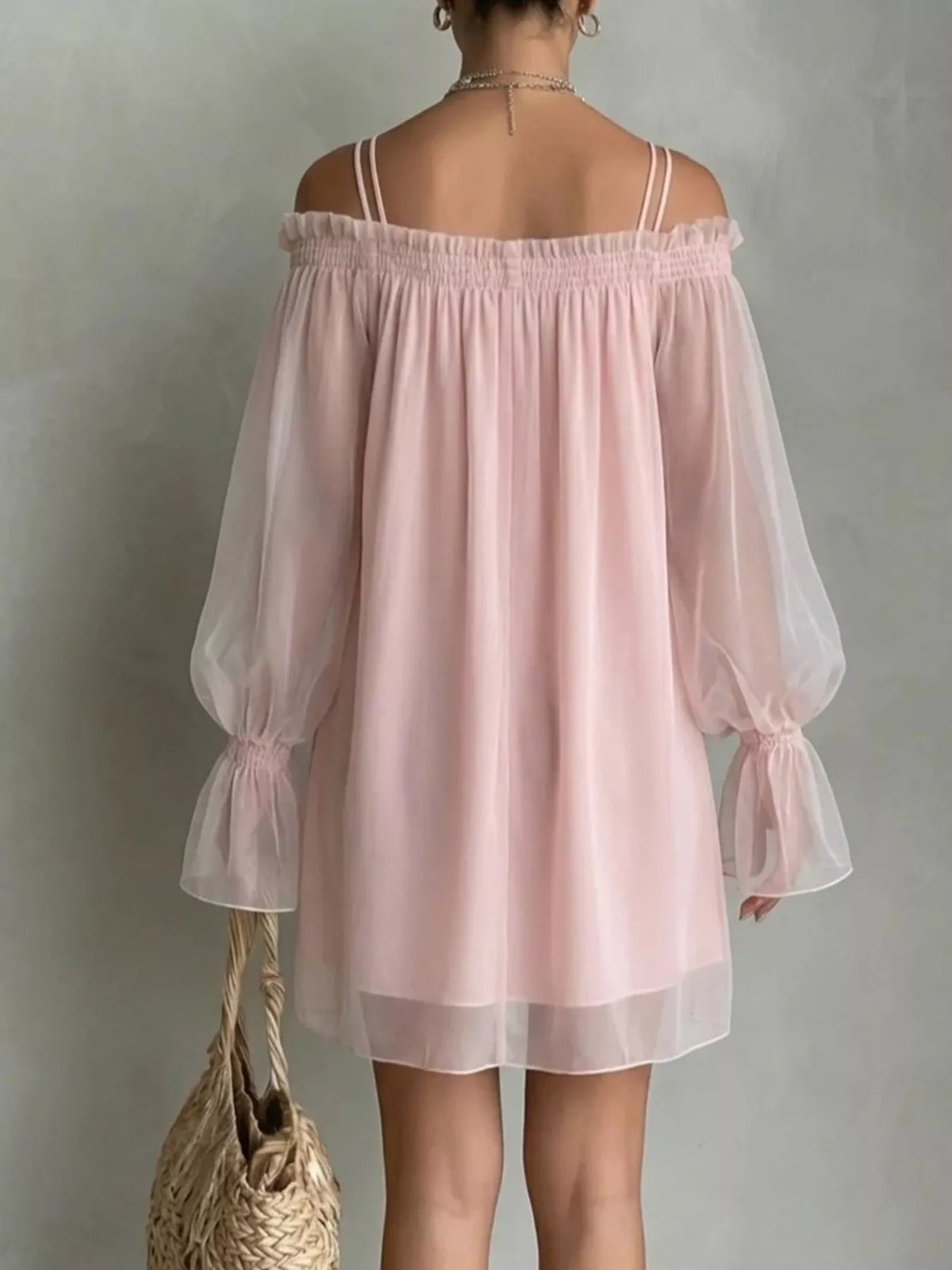 Off-Shoulder Sheer Sleeve Mini Dress - Lilixa.store