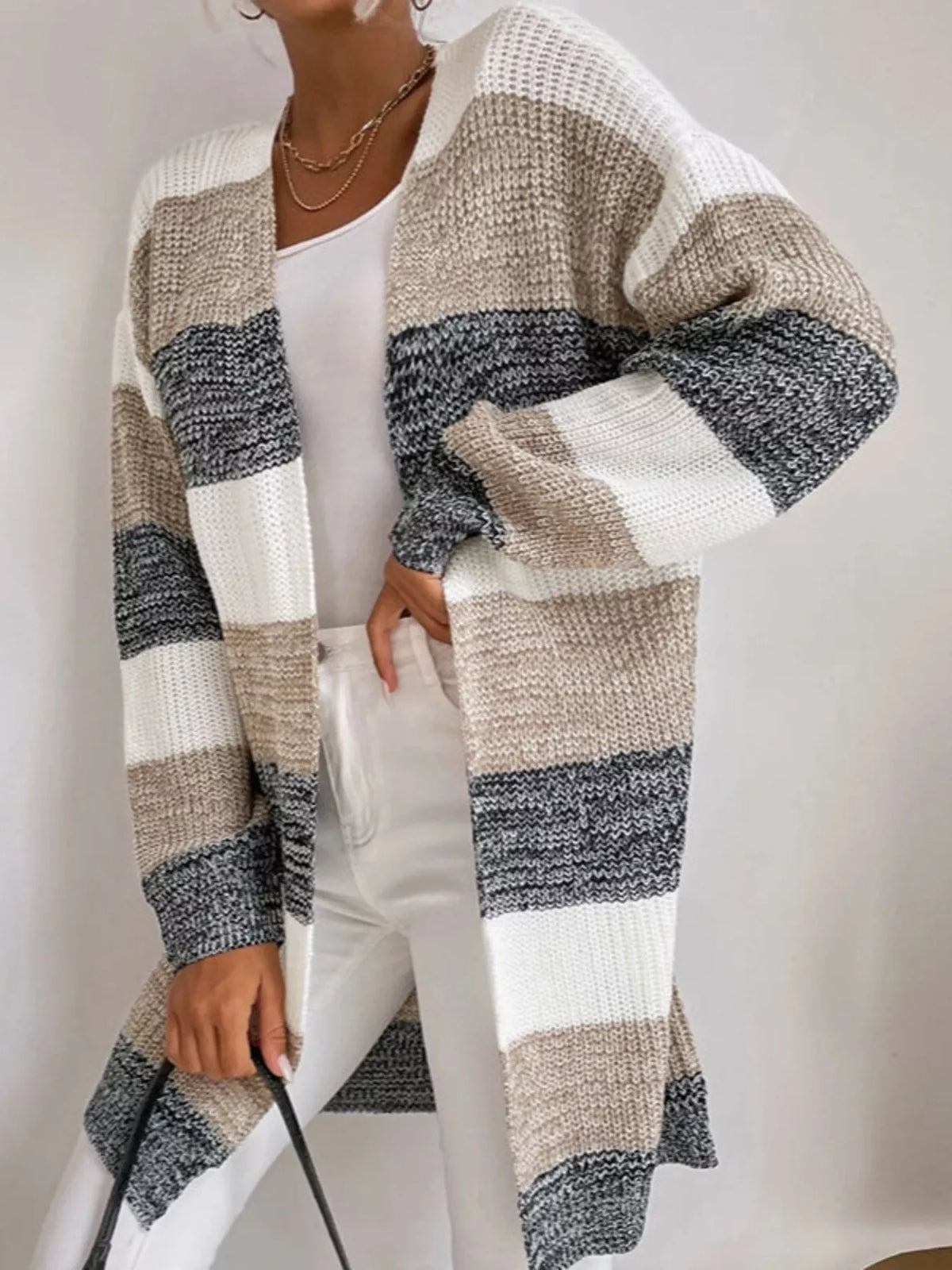 Color Block Striped Open Front Longline Cardigan - Lilixa.store