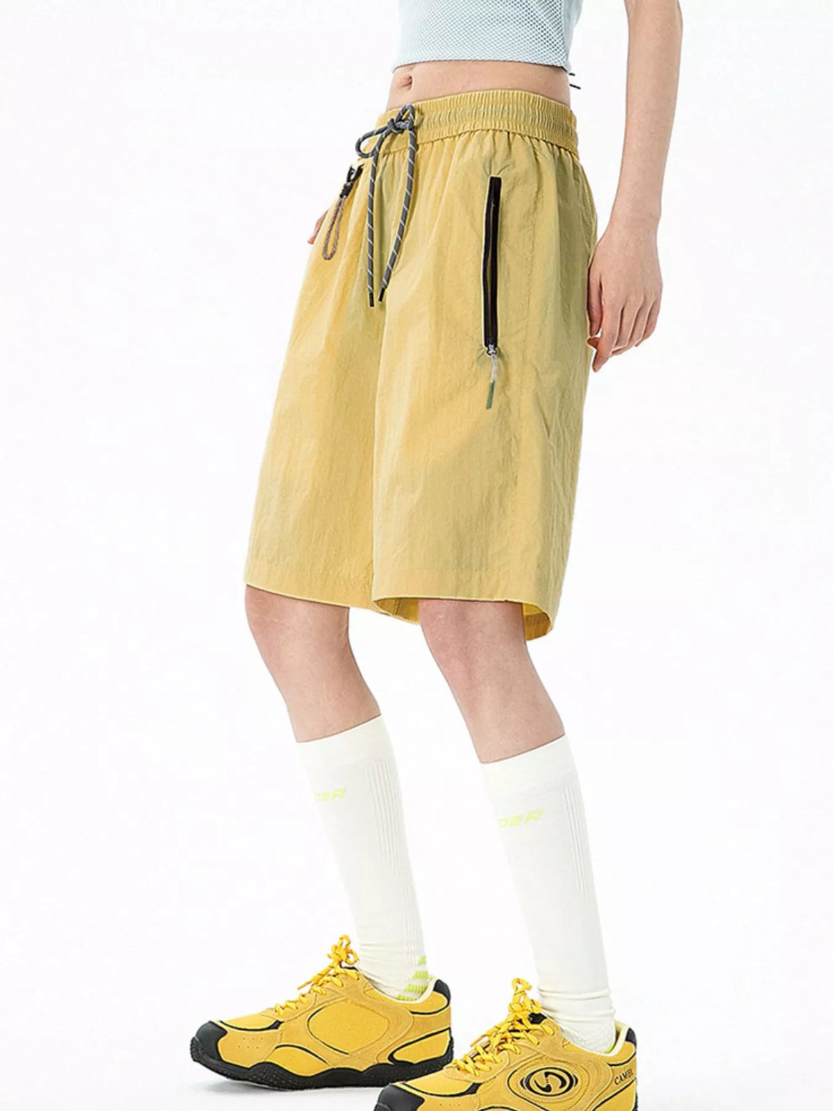 Men's Lightweight Drawstring Shorts with Zipper Pockets in Light Yellow
