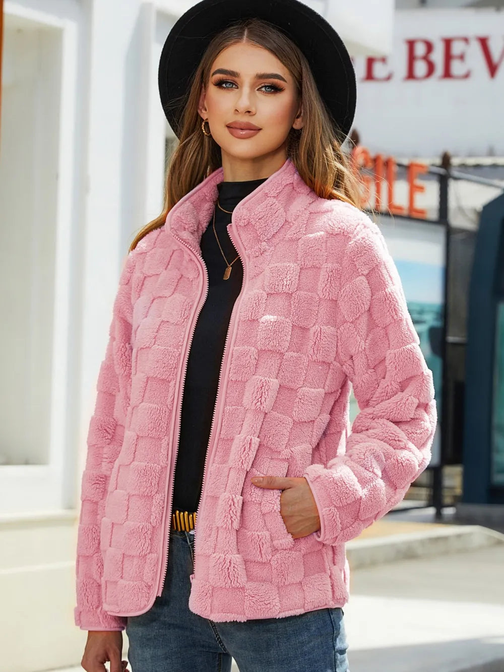 Fuzzy Checkered Zip Up Jacket in Blush Pink