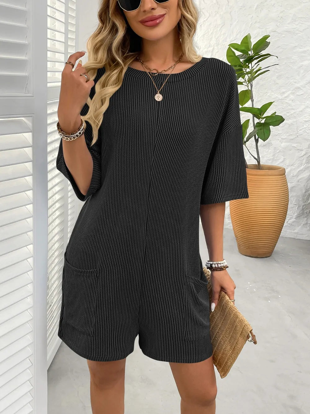 Backless Textured Round Neck Half Sleeve Romper - Lilixa.store