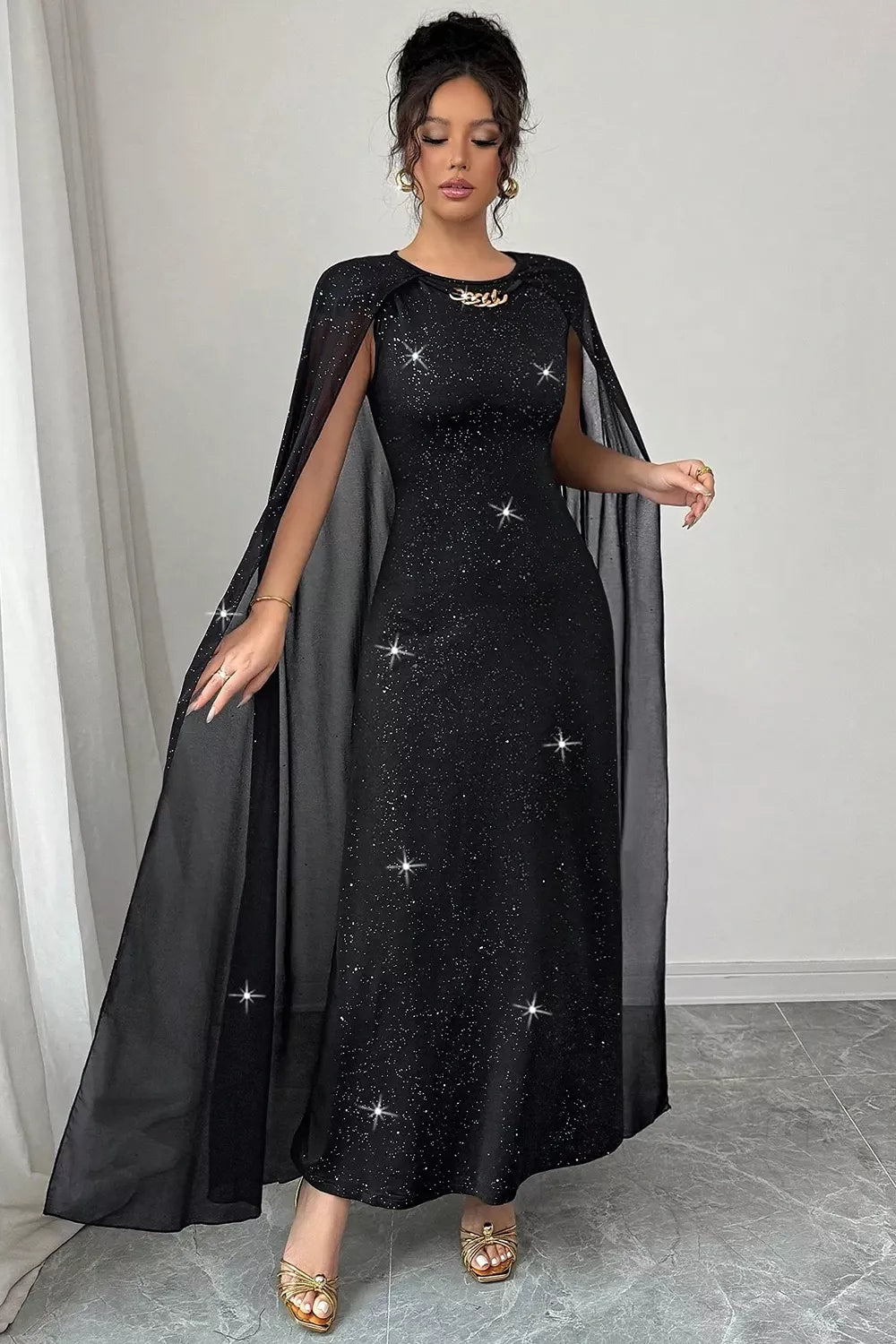 Glitter Cape-Sleeve Maxi Dress - Lilixa.store