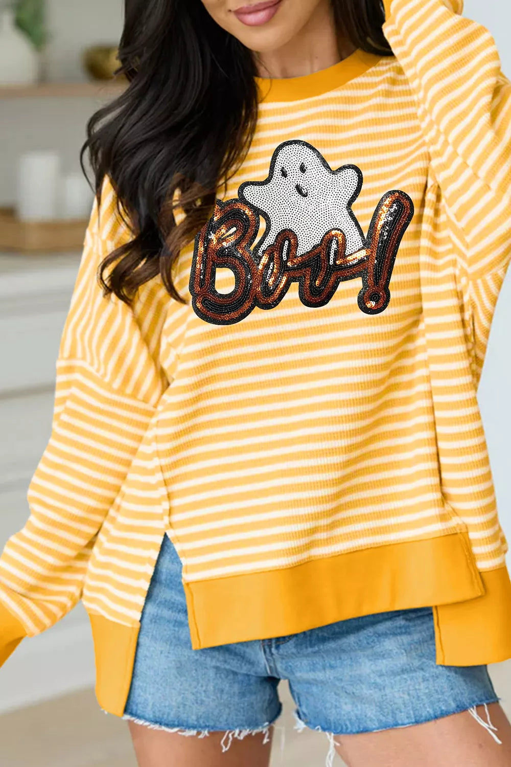 Stripe Boo Sequin Ghost Halloween Split Hem Long Sleeve Top - Lilixa.store