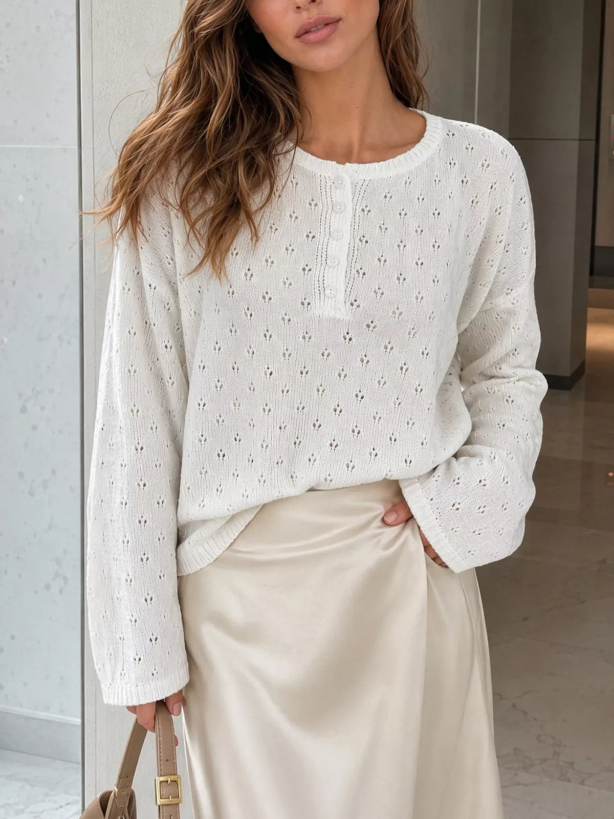 Pointelle Button-Front Round Neck Knit Top in White