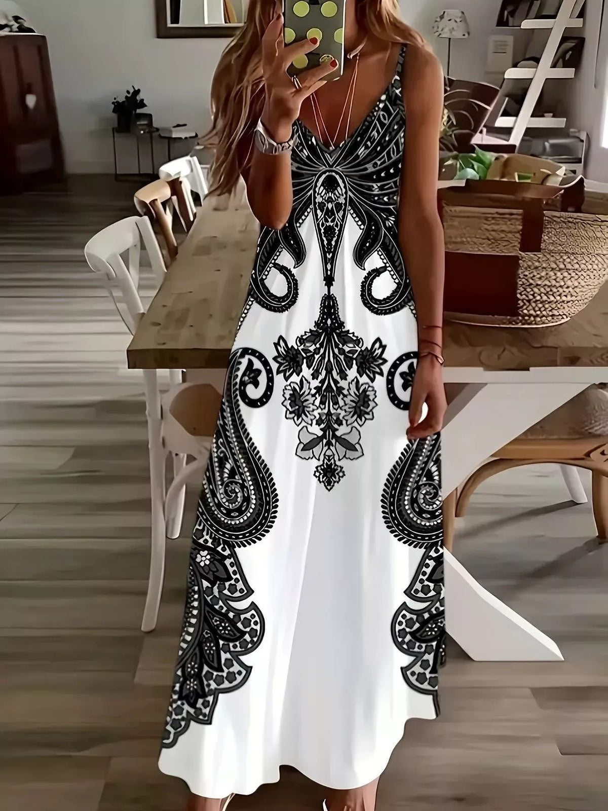 Printed Spaghetti Strap Maxi Dress in Black