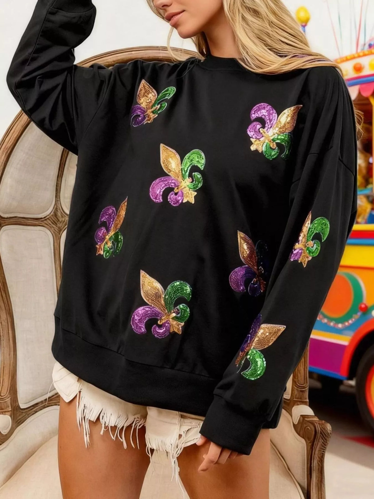 Mardi Gras Sequin Crew Neck Sweatshirt in Black