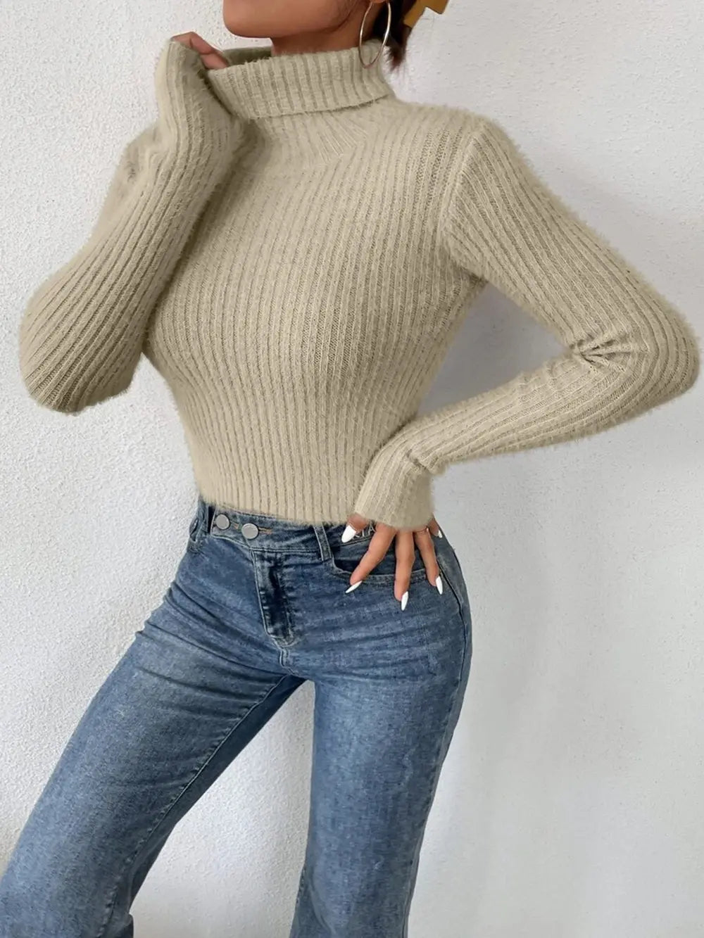 Ribbed Turtleneck Long Sleeve Sweater, view 5
