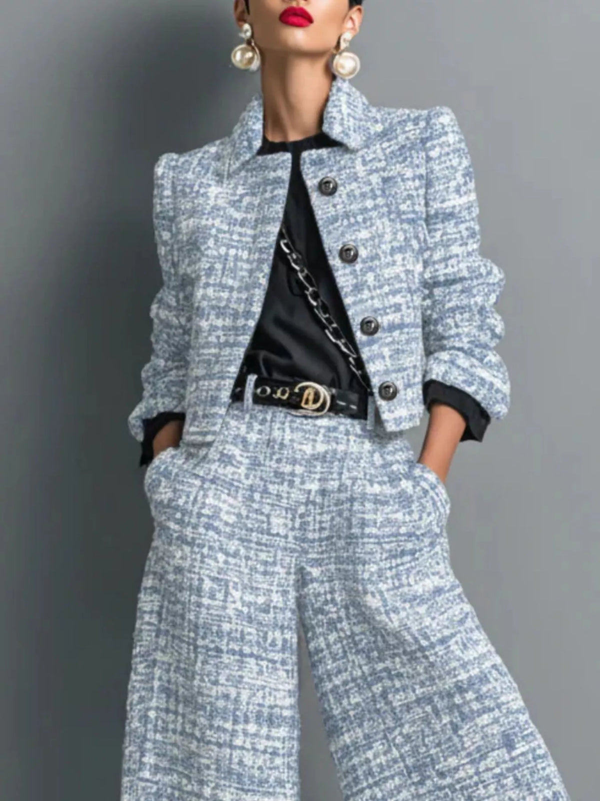 Tweed Cropped Jacket and Wide-Leg Pants Set, view 3
