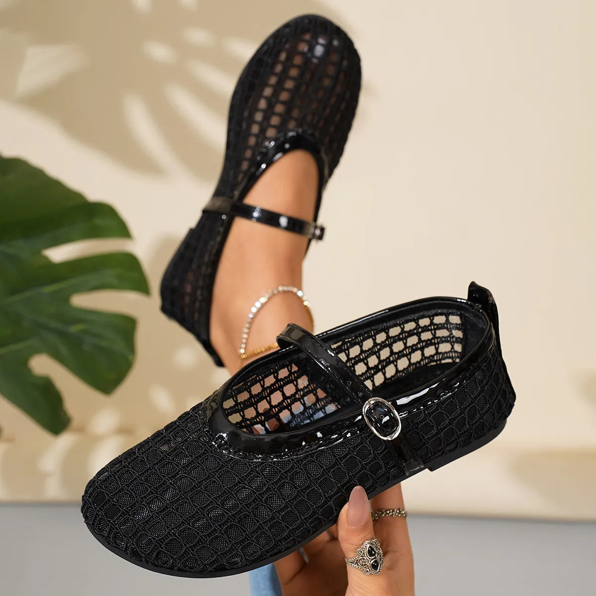 Woven Mesh Mary Jane Sandals with Buckle Strap in Black