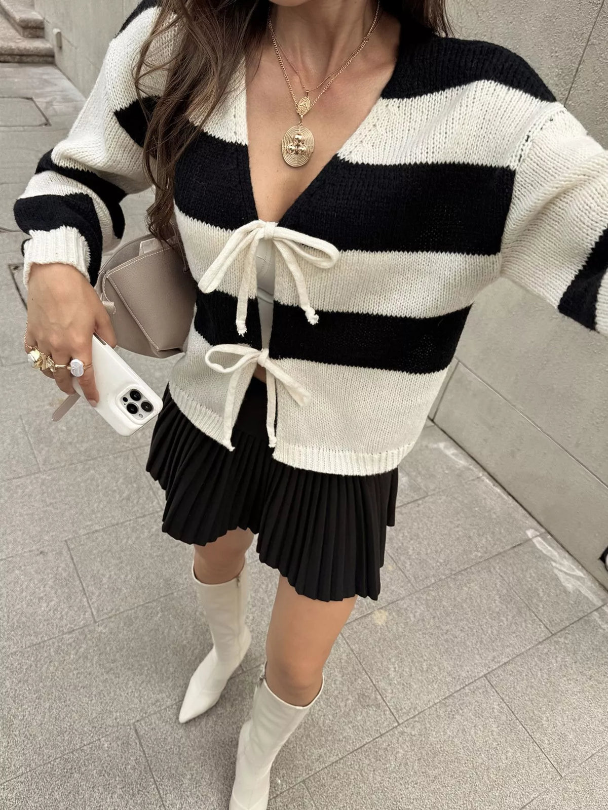 Striped Tie-Front Knit Cardigan - Lilixa.store