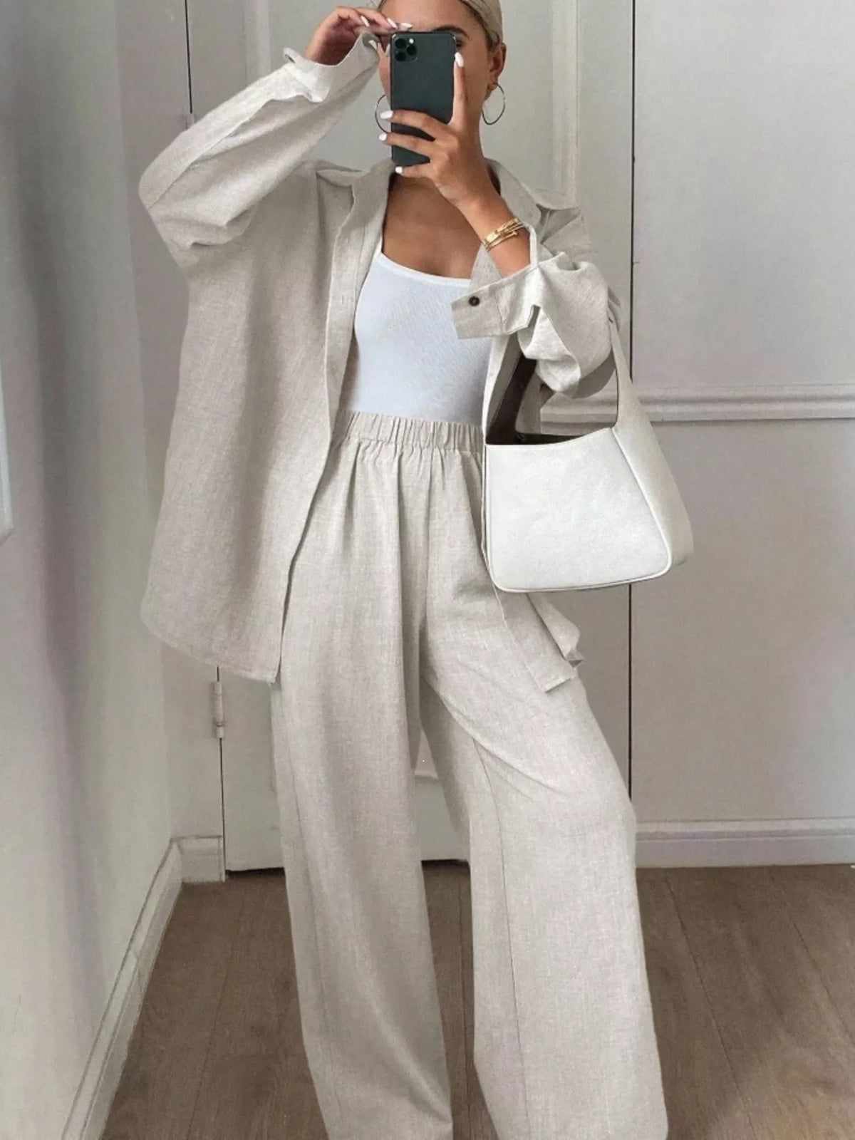 Button-Down Shirt and Wide-Leg Pants Set, view 3