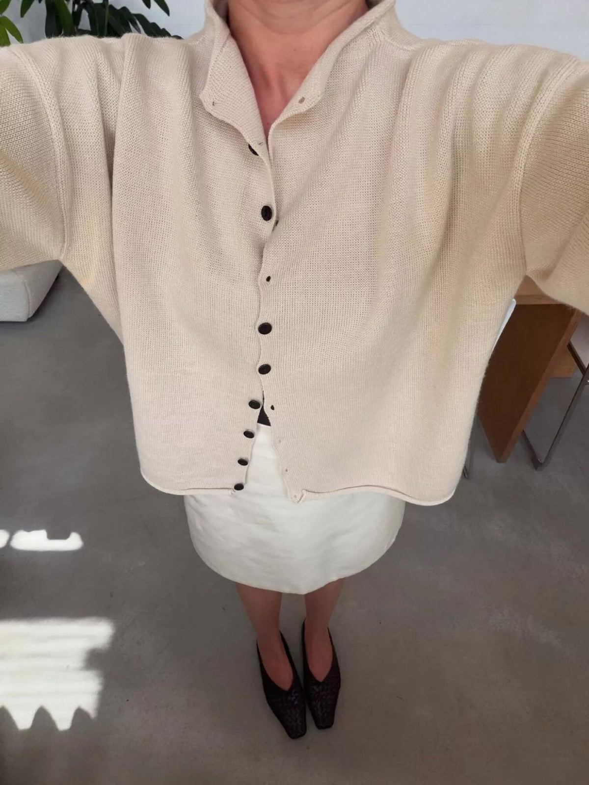 Mock Neck Button-Down Knit Cardigan in Eggshell
