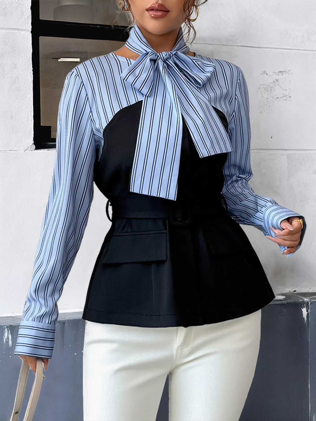 Striped Long Sleeve Blouse with Bow Tie - Lilixa.store