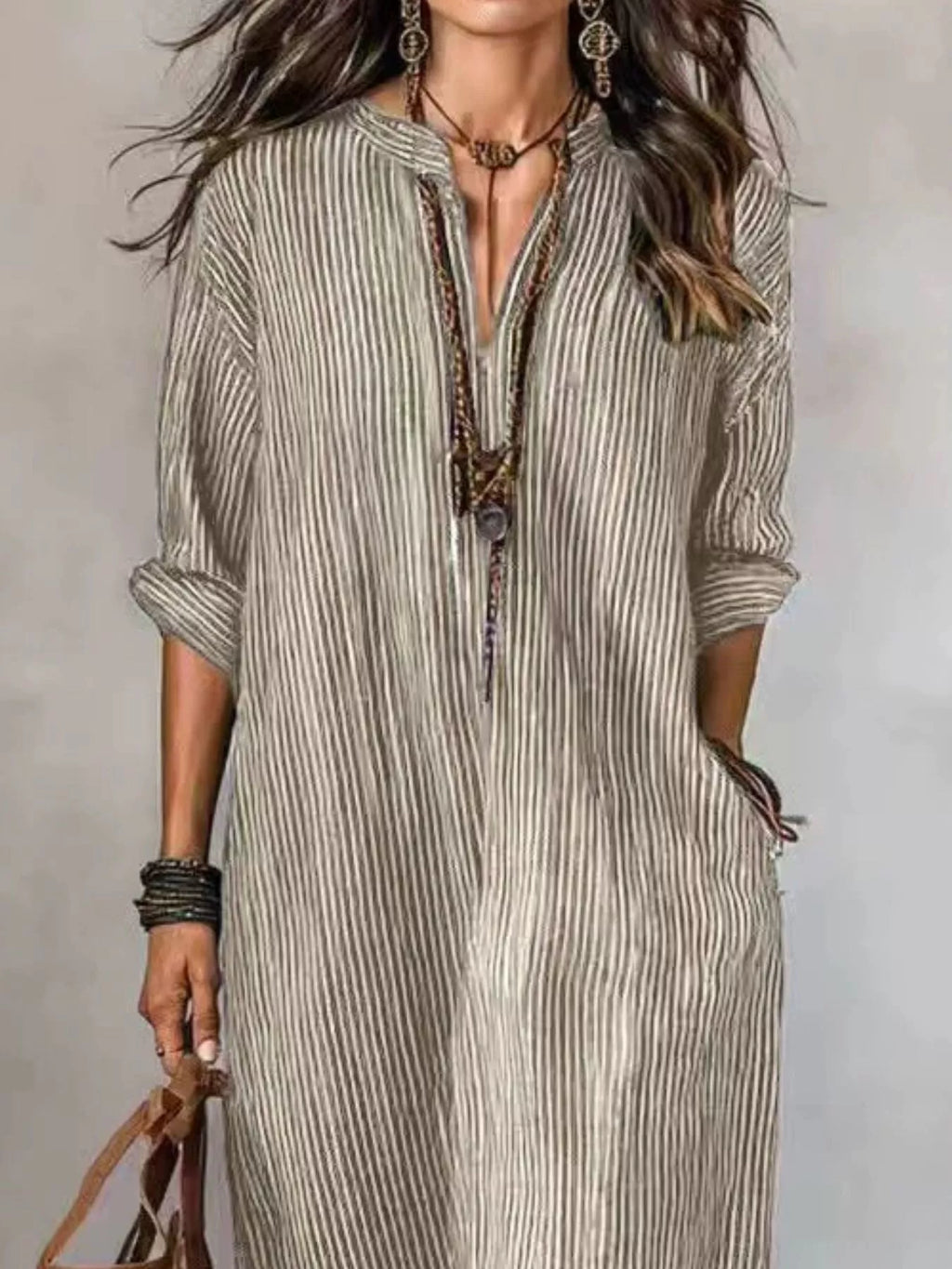 Full Size Striped Notched Maxi Dress with Pockets Plus Size - Lilixa.store